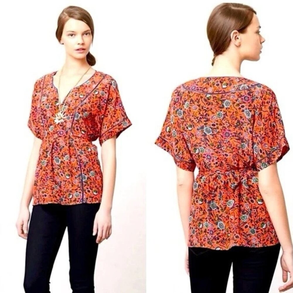 Anthropologie Maeve women M silk kimono cottagecore feminine boho floral